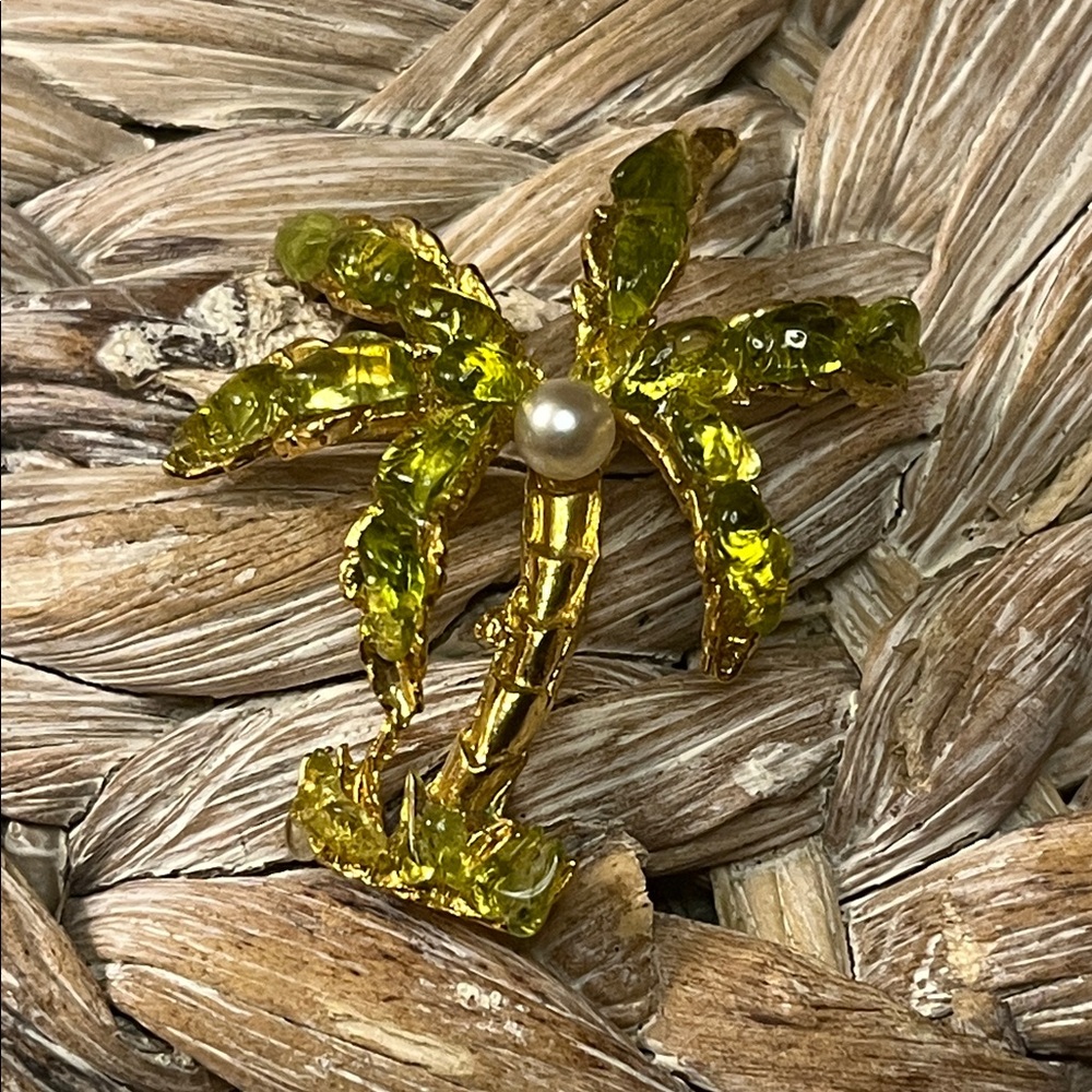 Gold Tone and Green Glass Palm Tree Brooch